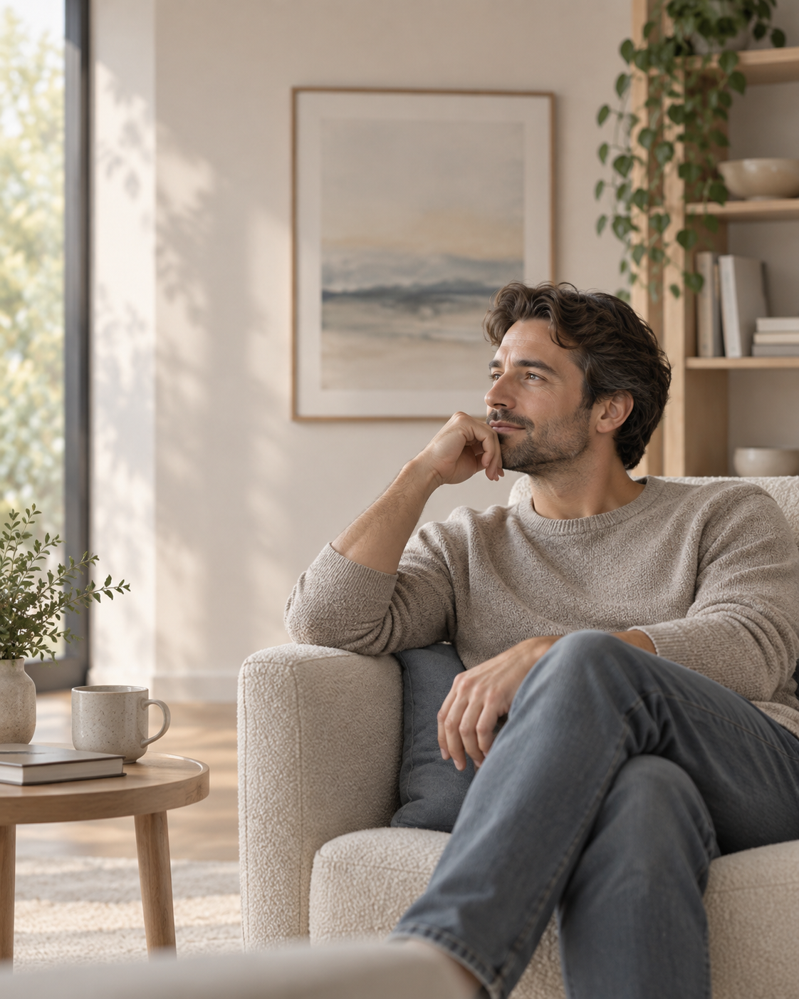 Hombre adulto sentado en un sillón, en un espacio cálido y sereno, en actitud reflexiva.