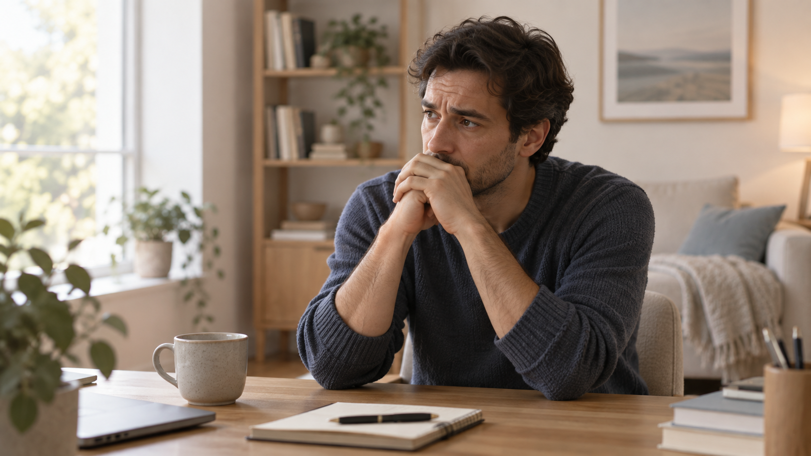 Hombre adulto sentado frente a un escritorio, en actitud reflexiva y con signos de tensión emocional.