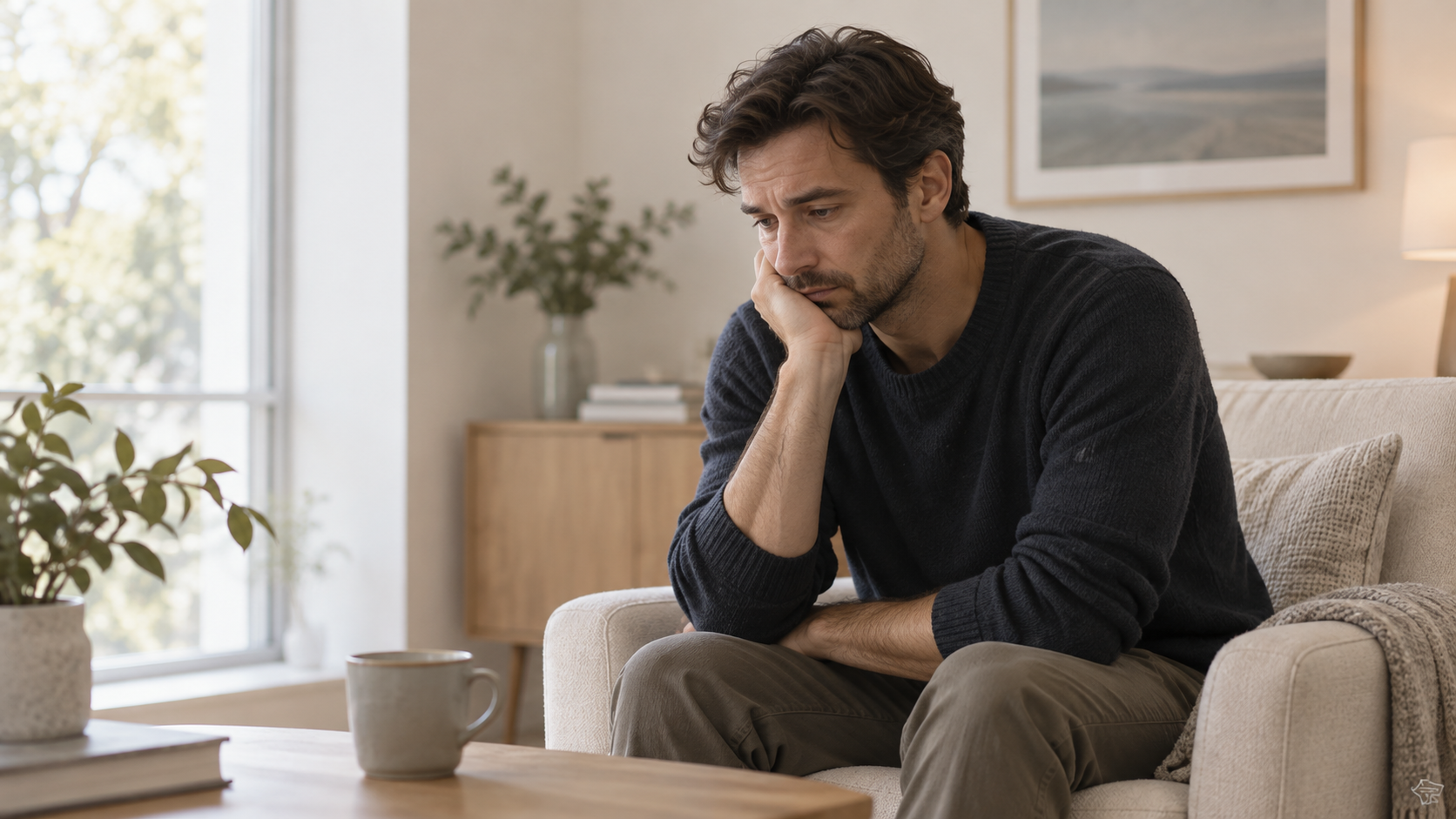Hombre adulto sentado en un sofá, con expresión seria y pensativa, en un ambiente tranquilo