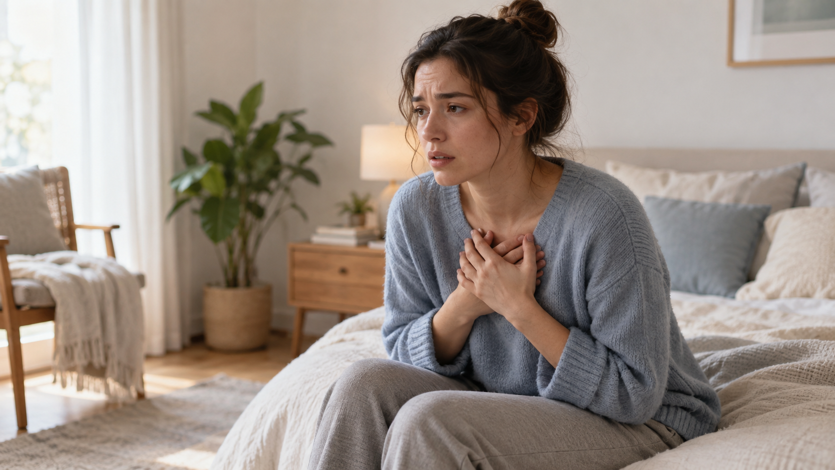 Mujer adulta sentada en una habitación, con postura tensa y expresión de preocupación.