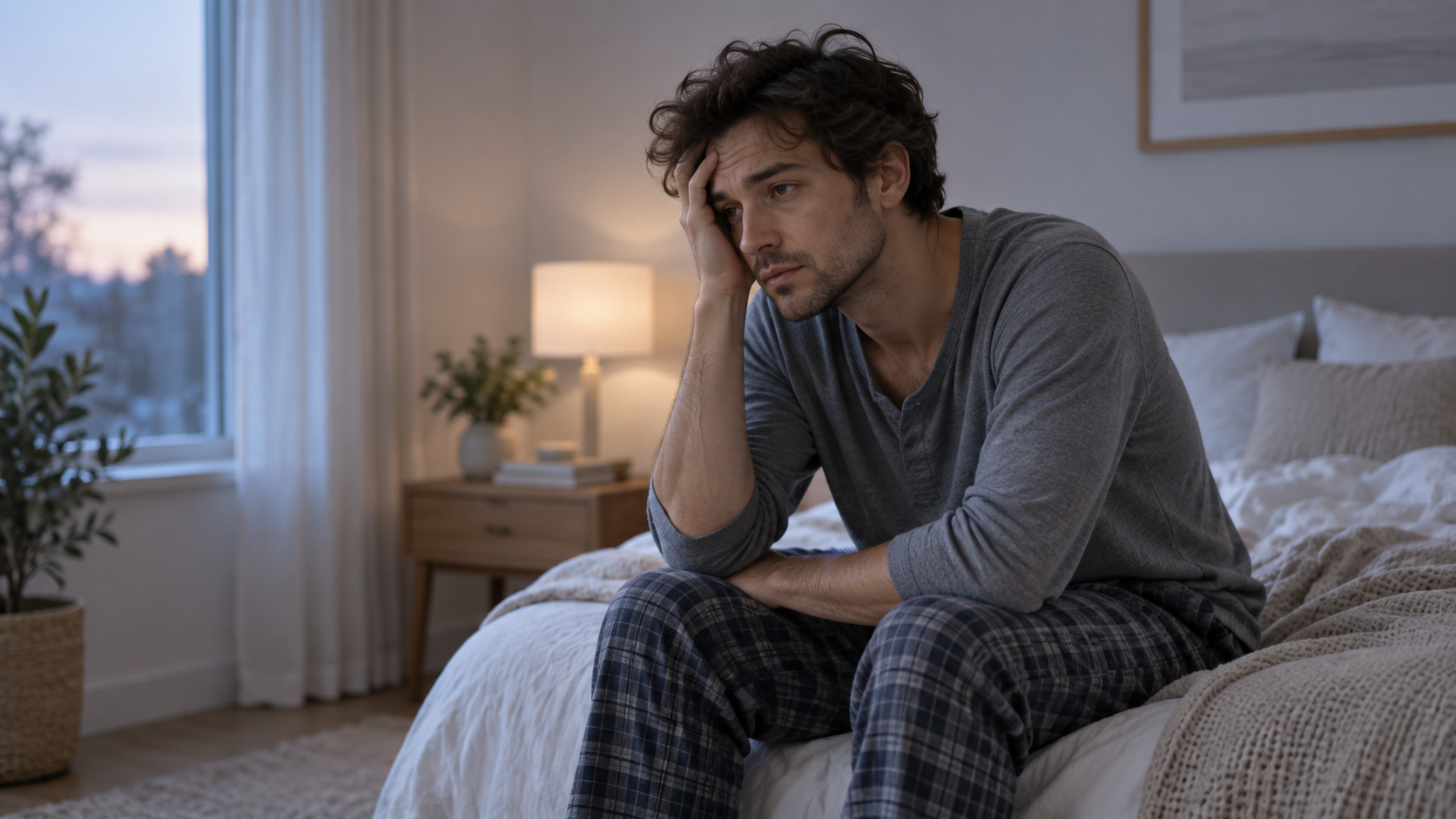 Hombre adulto despierto sentado al borde de una cama, con expresión de cansancio y preocupación.