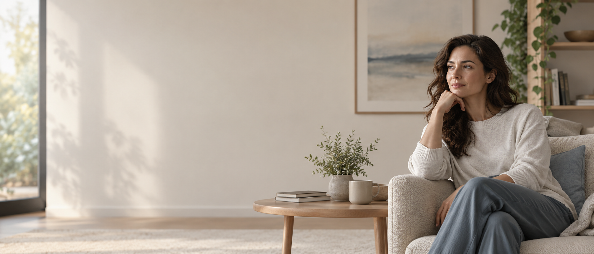 Mujer adulta sentada en un sillón, en un ambiente tranquilo y luminoso, en actitud reflexiva.