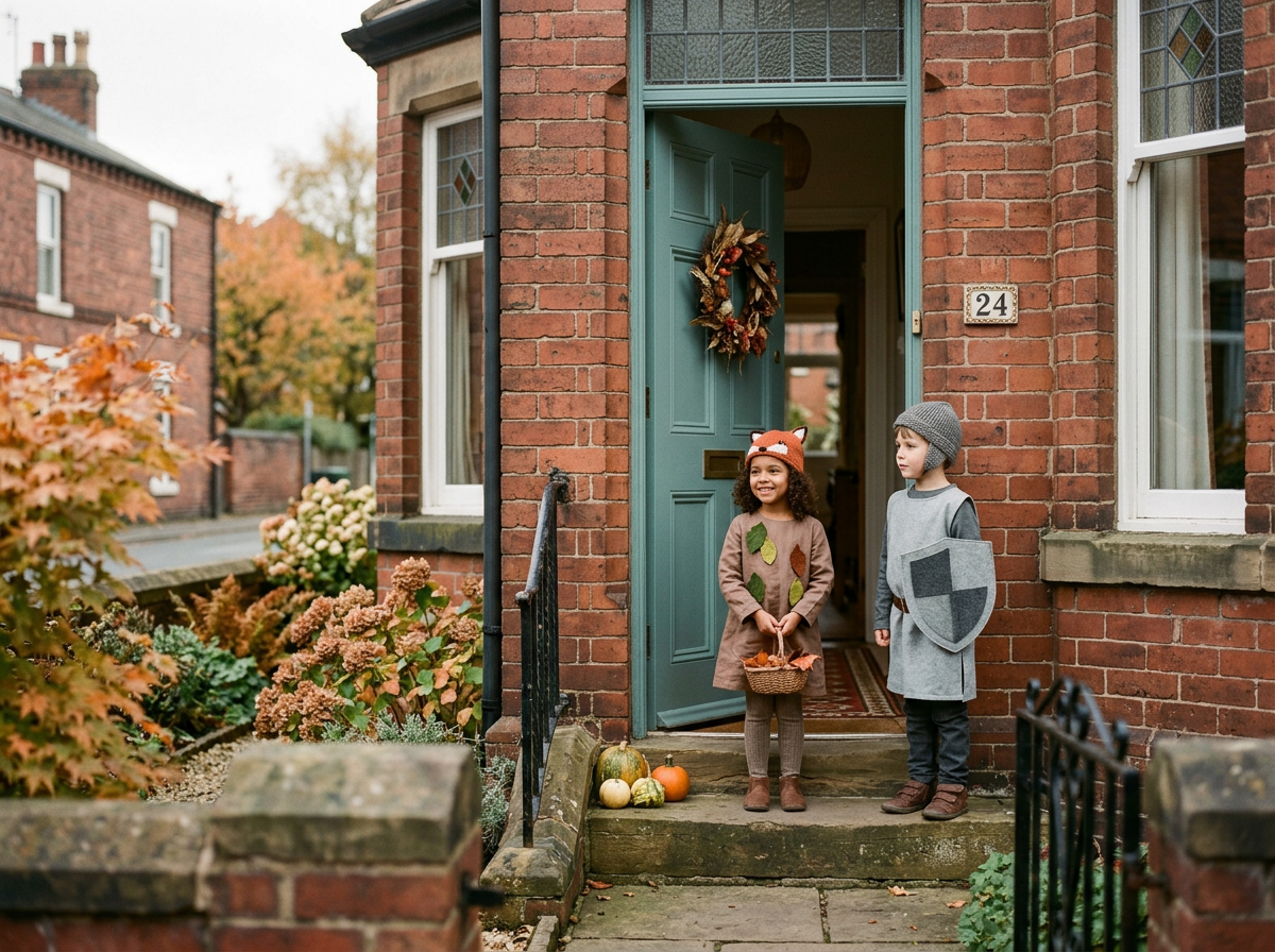 Two children dressed in autumn costumes standing at the front door of a brick house decorated with pumpkins and a wreath, holding a basket, during fall.