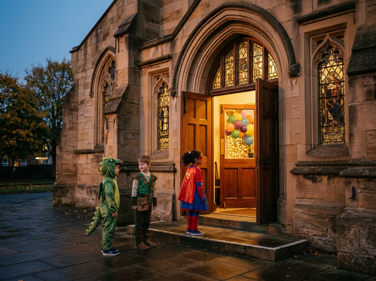 Three children in costumes facing the open doorway of a church decorated with balloons and lights, during dusk.