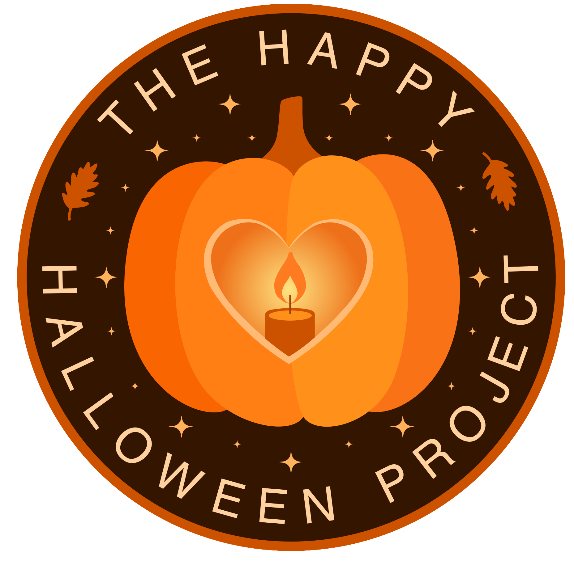 A circular sign featuring a carved pumpkin with a candle inside, surrounded by small star-like sparkles, with the text "The Happy Halloween Pow" around the edge of the sign.