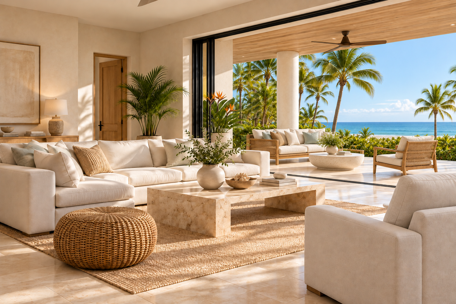 Ivory coastal living room opening to a palm-lined terrace