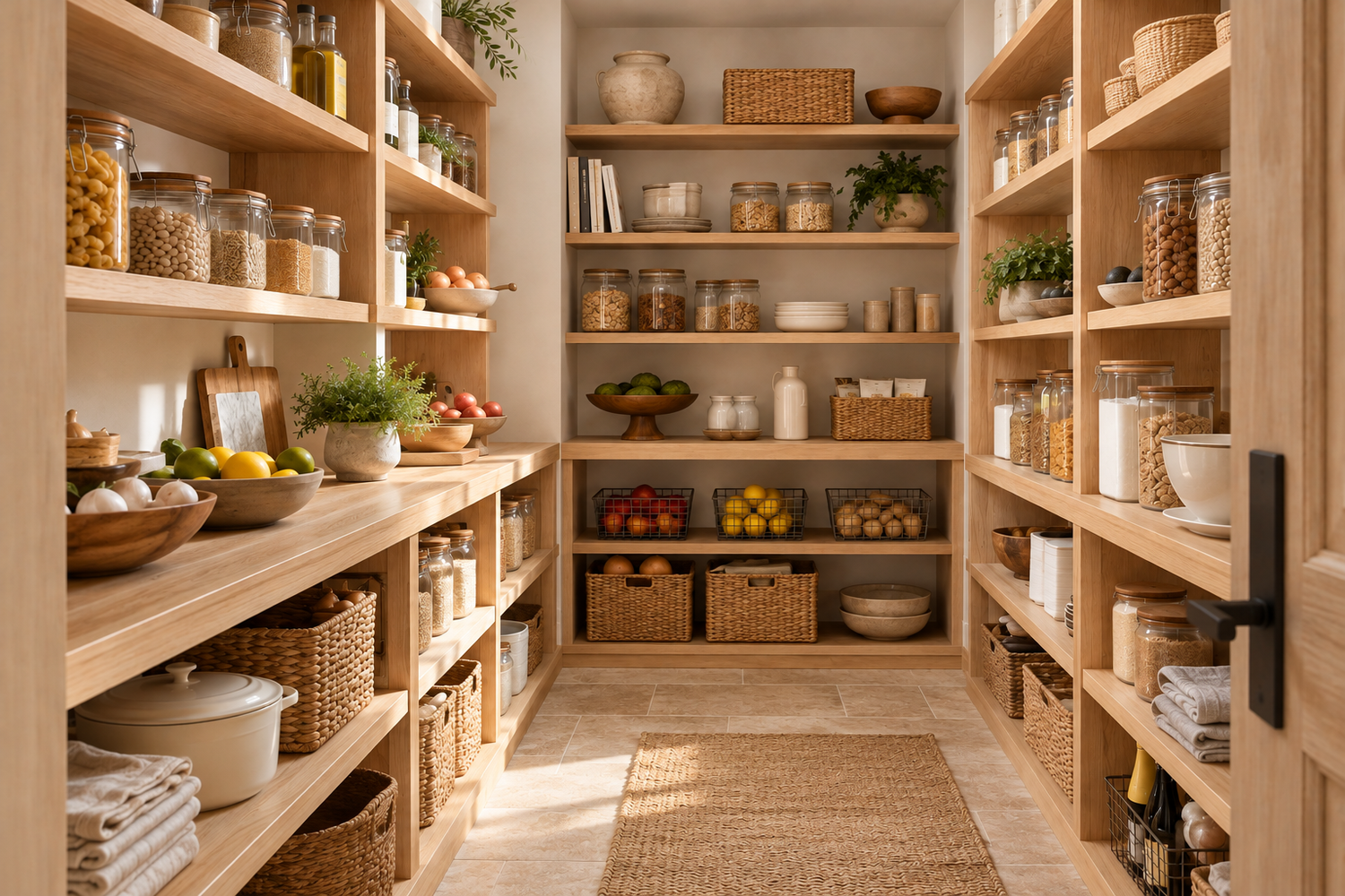 Neatly organized warm oak pantry