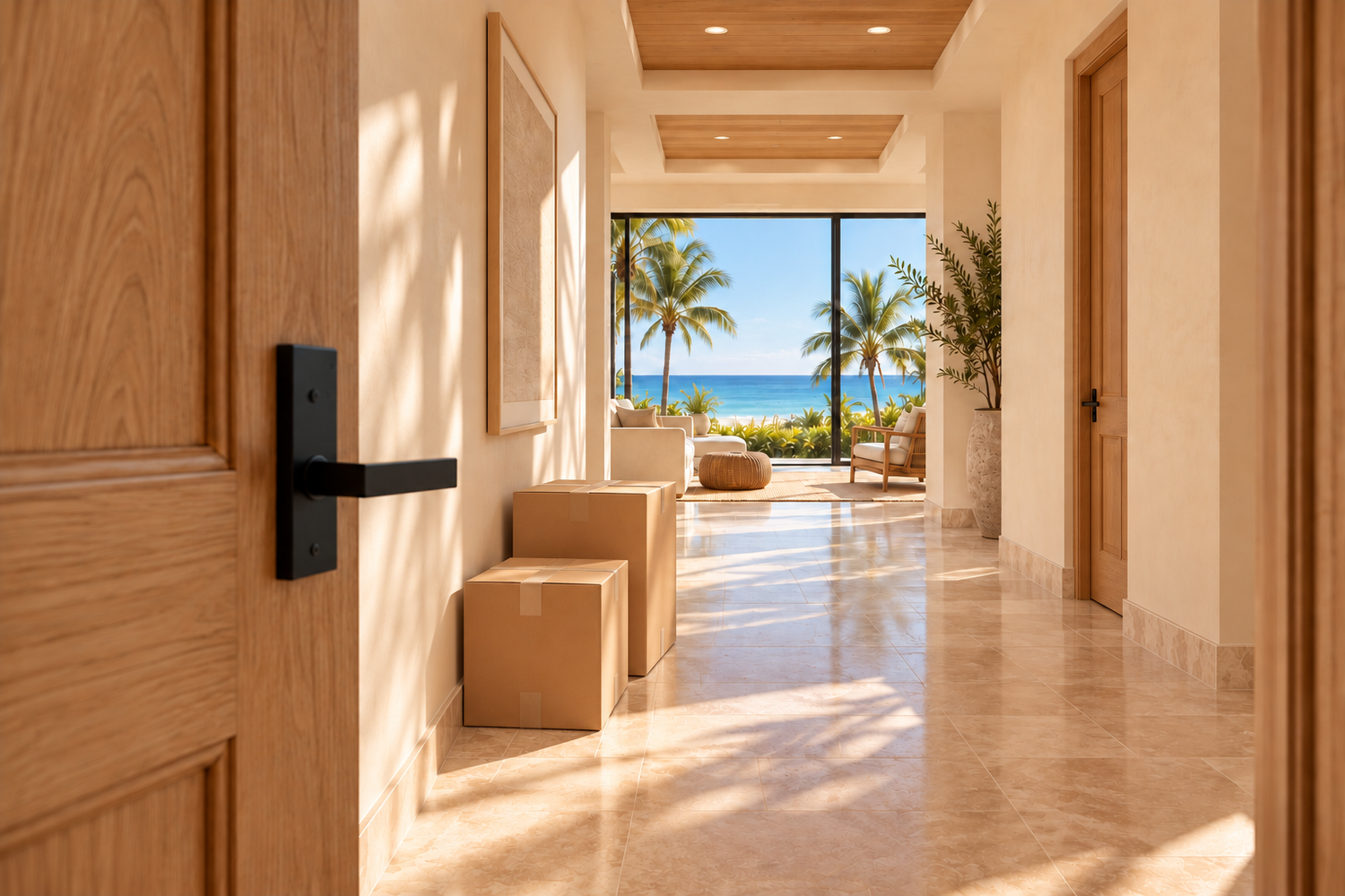 Bright vacant coastal entryway with moving boxes