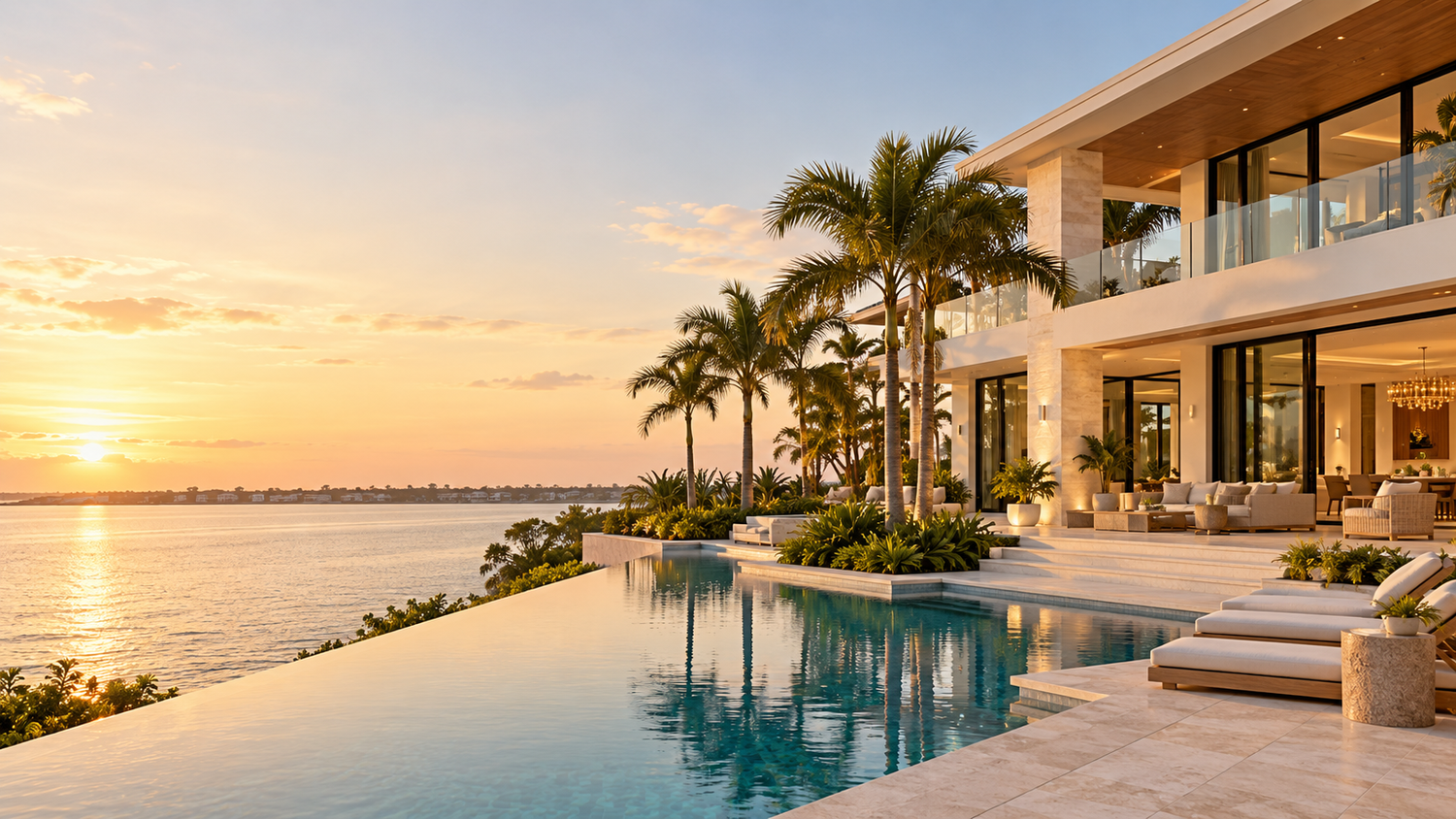 Coastal home and palm trees beside an infinity pool at sunset