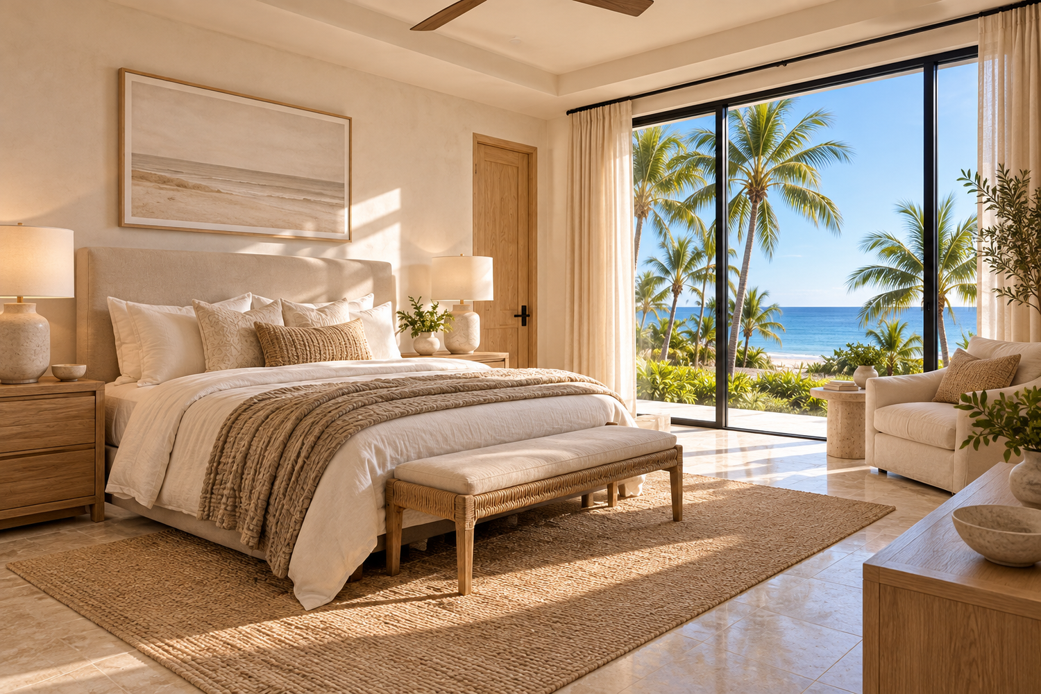 Sunlit coastal bedroom with a palm and ocean view