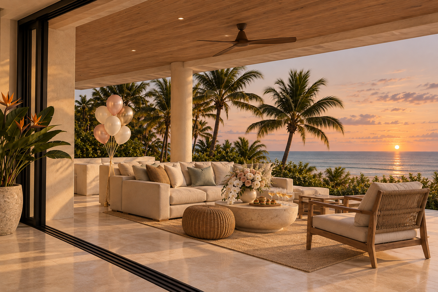 Coastal terrace prepared for an evening gathering