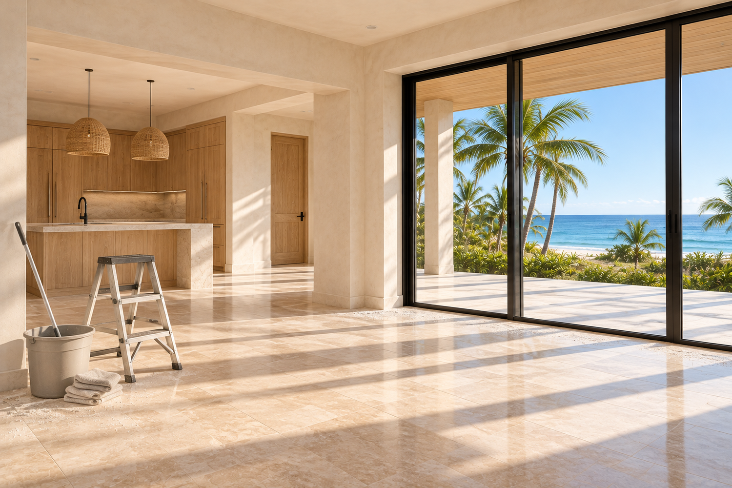 Newly finished coastal interior with a ladder and cleaning tools