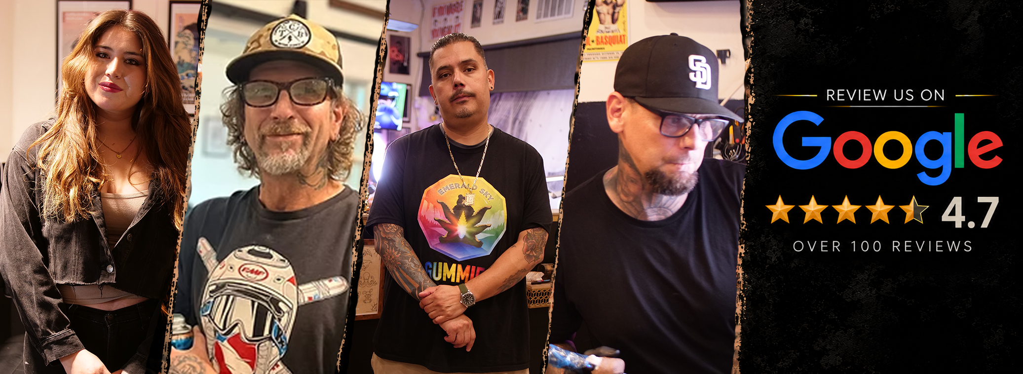 Four people standing inside a restaurant or cafe, with the right side of the image displaying a Google review rating of 4.7 stars based on over 100 reviews.