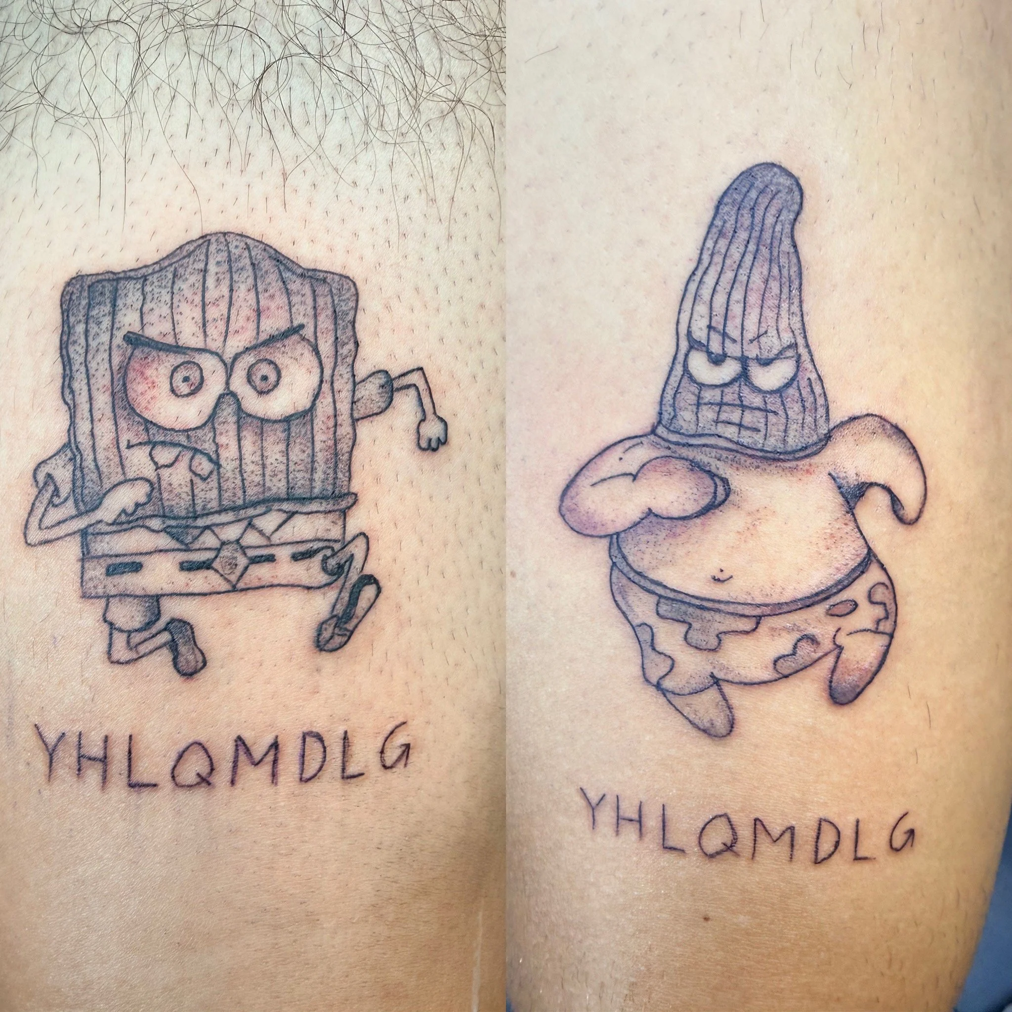 Close-up of a tattoo featuring two cartoon-style devil characters with wings, horns, and mischievous expressions, positioned above handwritten text.