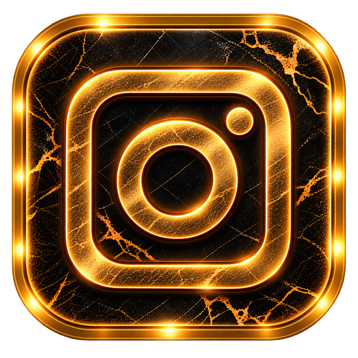 Stylized, glowing gold Instagram icon on black cracked marble background.