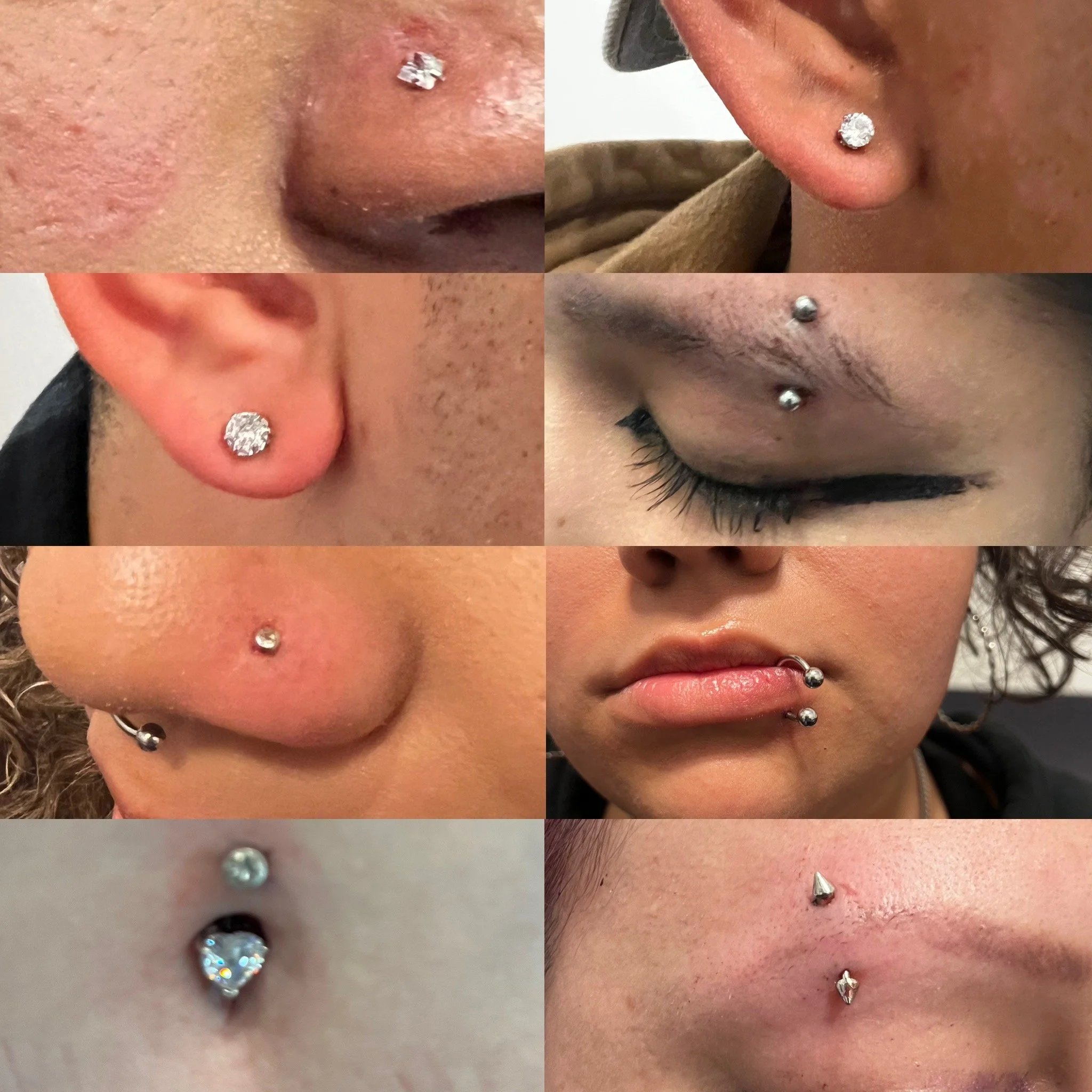 Close-up of four facial images showing various piercings with diamond and silver jewelry.