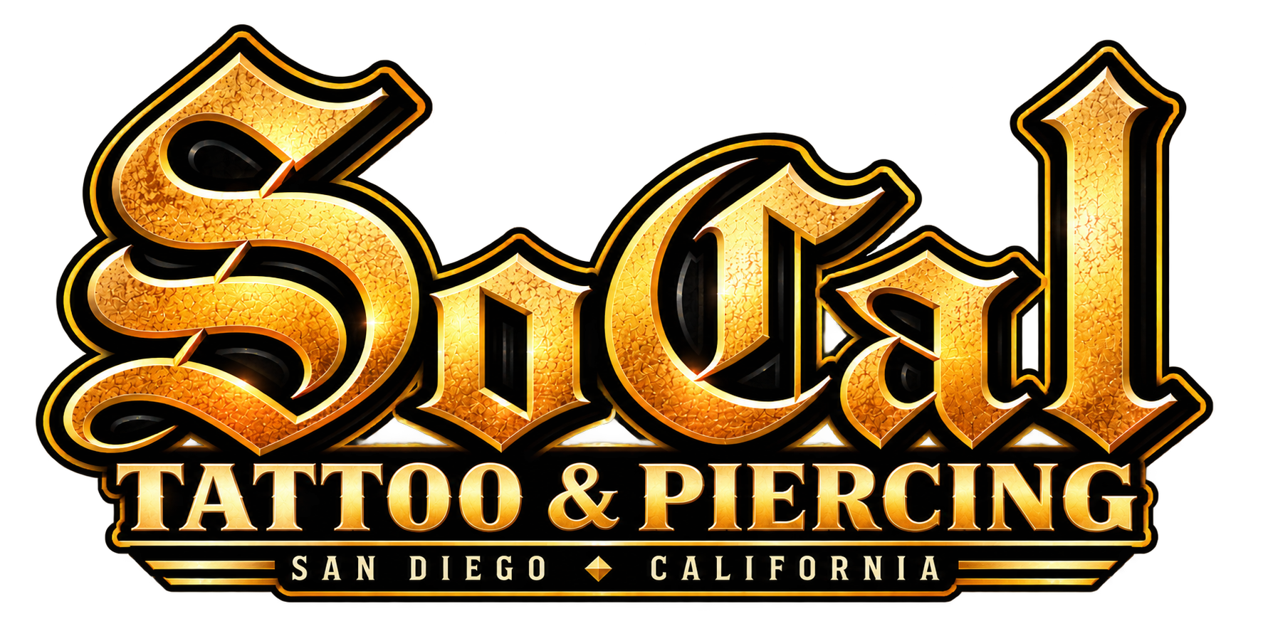 Logo for 5 Star Tattoo & Piercing, located in San Diego, California, with gold and black lettering.