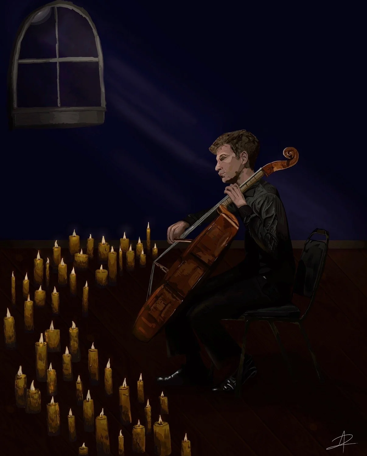 A man playing a cello in a dark room lit by numerous candles, with a single window visible in the background.
