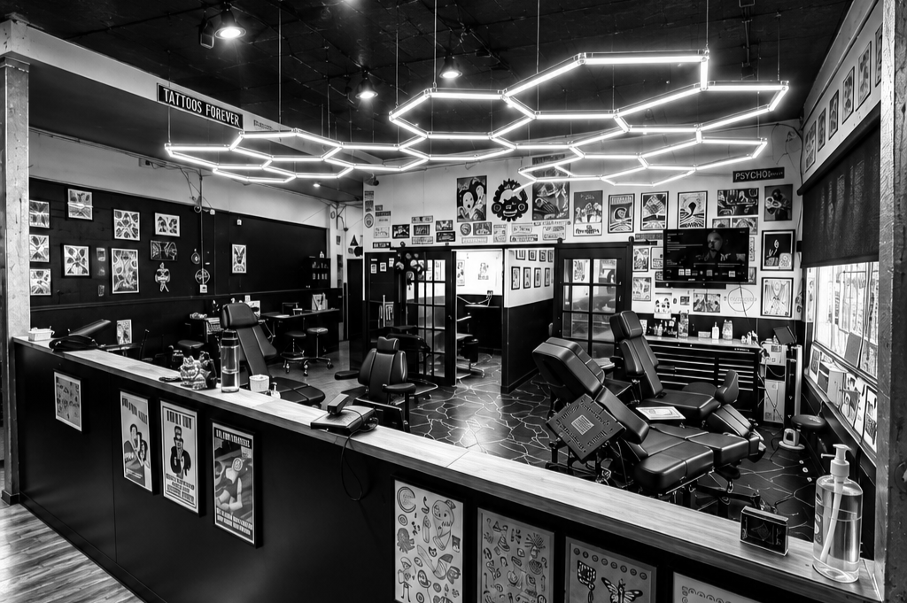 Interior of a tattoo shop with tattoo chairs, artwork on the walls, and neon hexagonal ceiling lights.