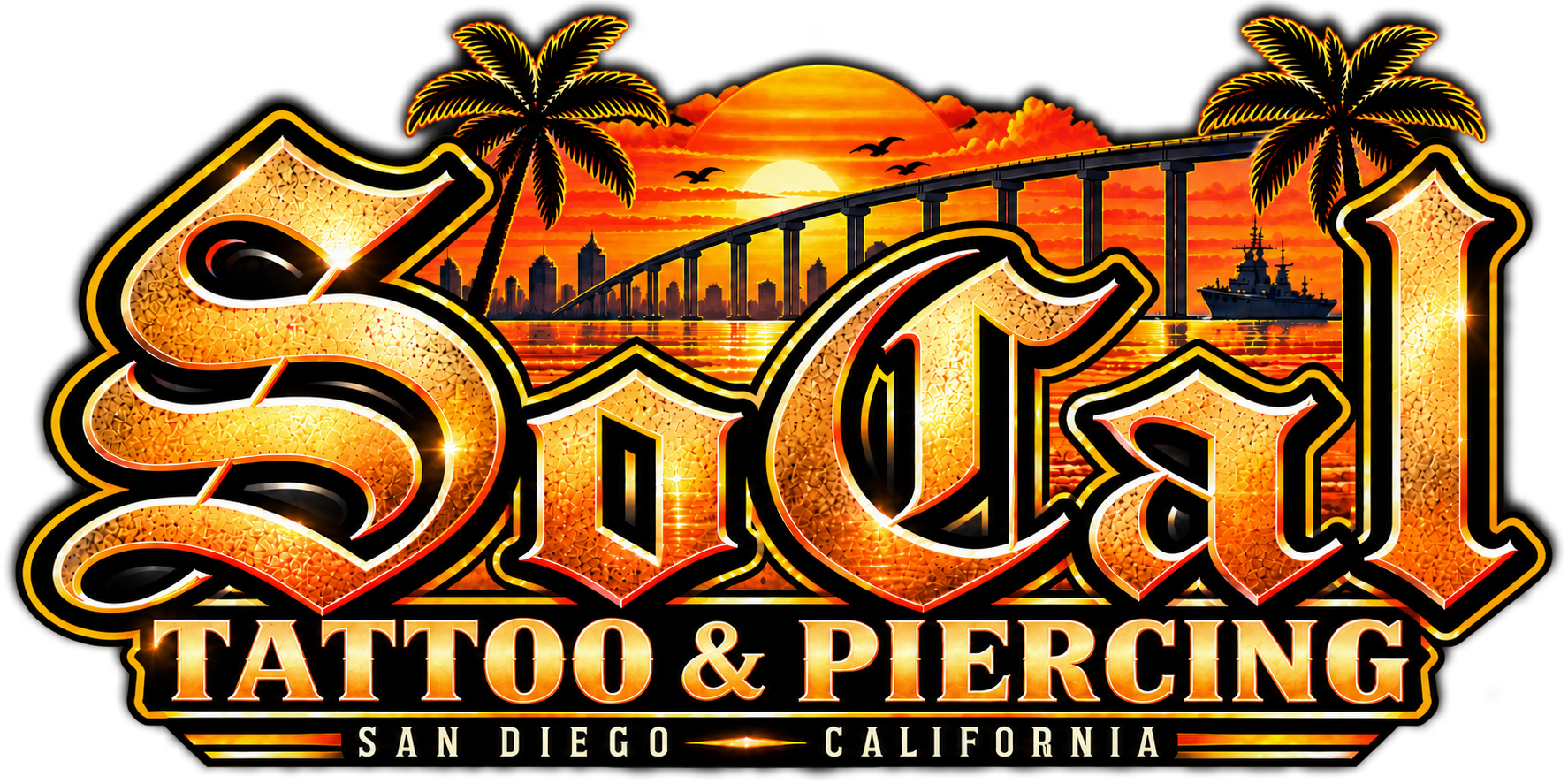 A graphic design for a tattoo and piercing shop in San Diego, California, featuring large, illuminated gold and black lettering with a sunset, palm trees, a bridge, a city skyline, a ship, and flying birds in the background.