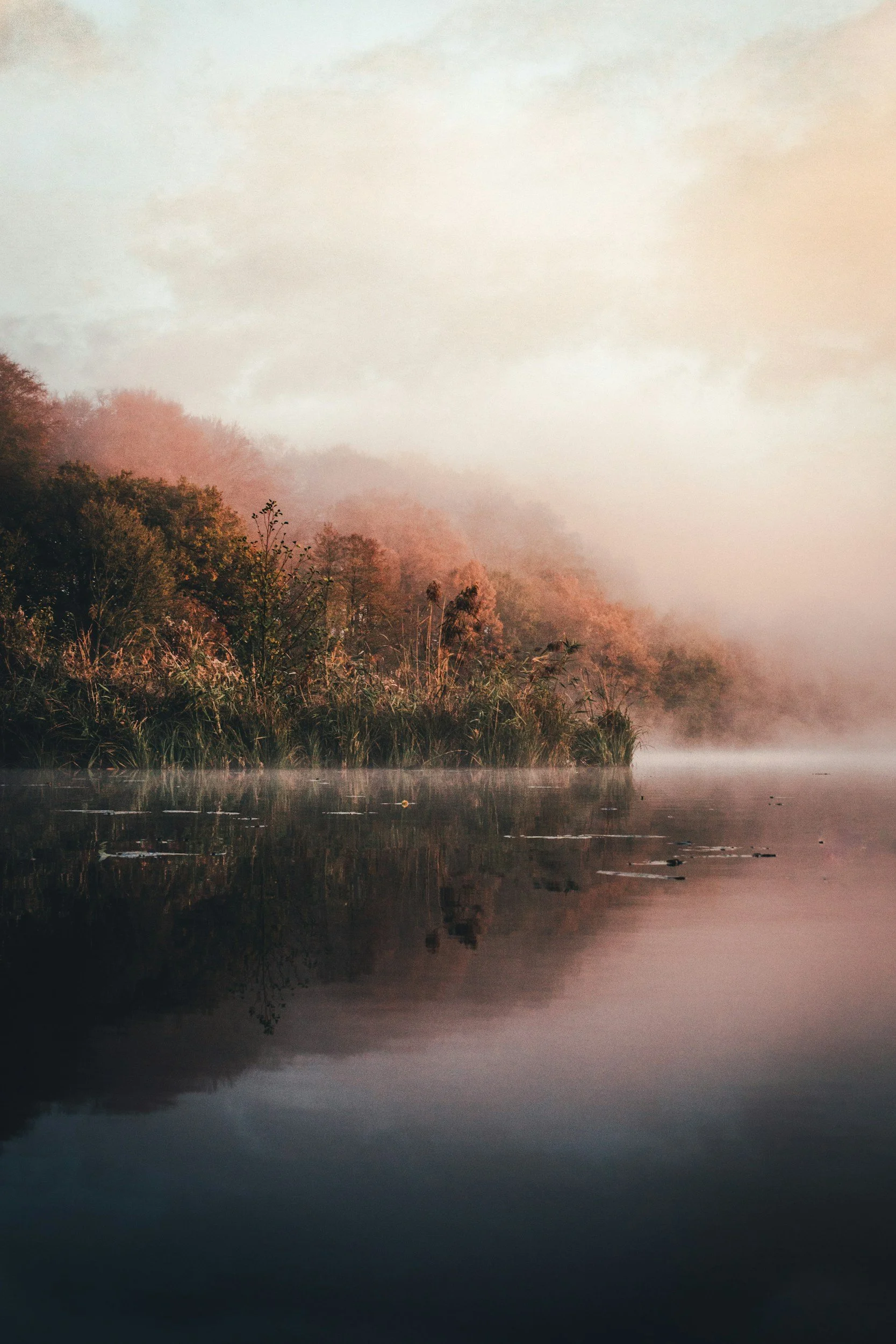 A calm river reflecting trees with fall foliage on the bank, with mist drifting over the water and a pale sky above.