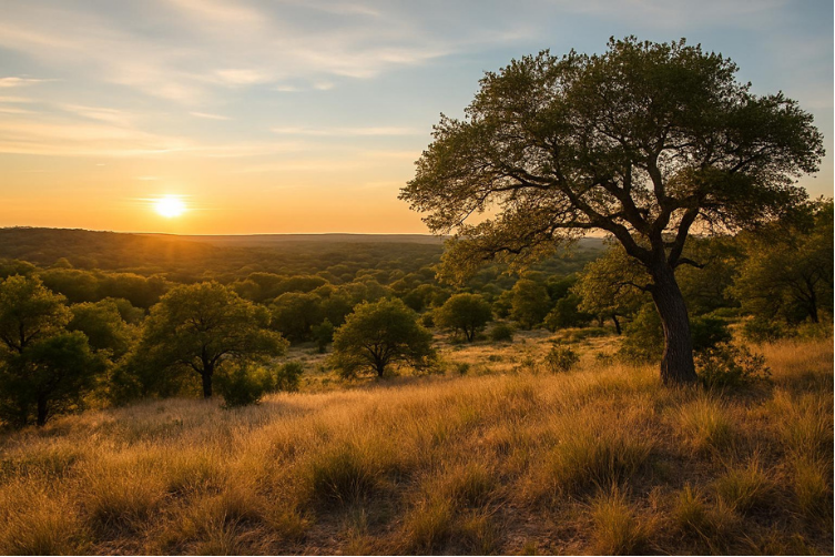 A sunset over a grassy field with scattered trees, including a large tree in the foreground, in a rural landscape.