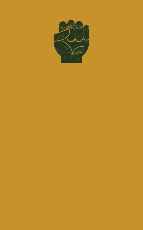 A black raised fist symbol on a yellow background.
