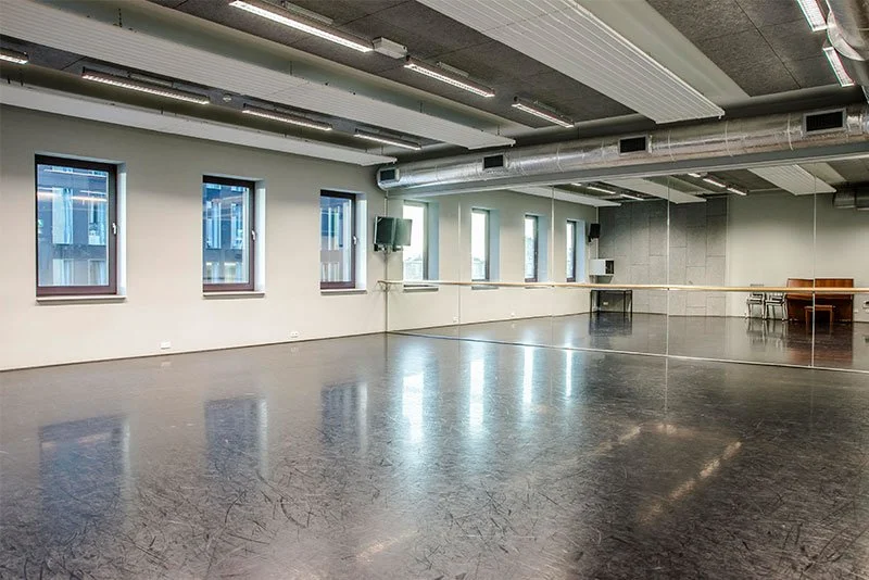 Empty dance or rehearsal studio with large mirrors on one wall, wooden ballet barres, and multiple windows providing natural light.