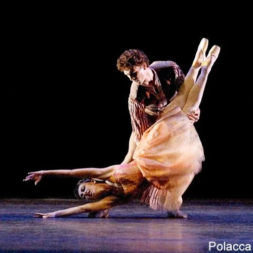 Two ballet dancers performing on stage, with one dancer supporting the other in a pose.