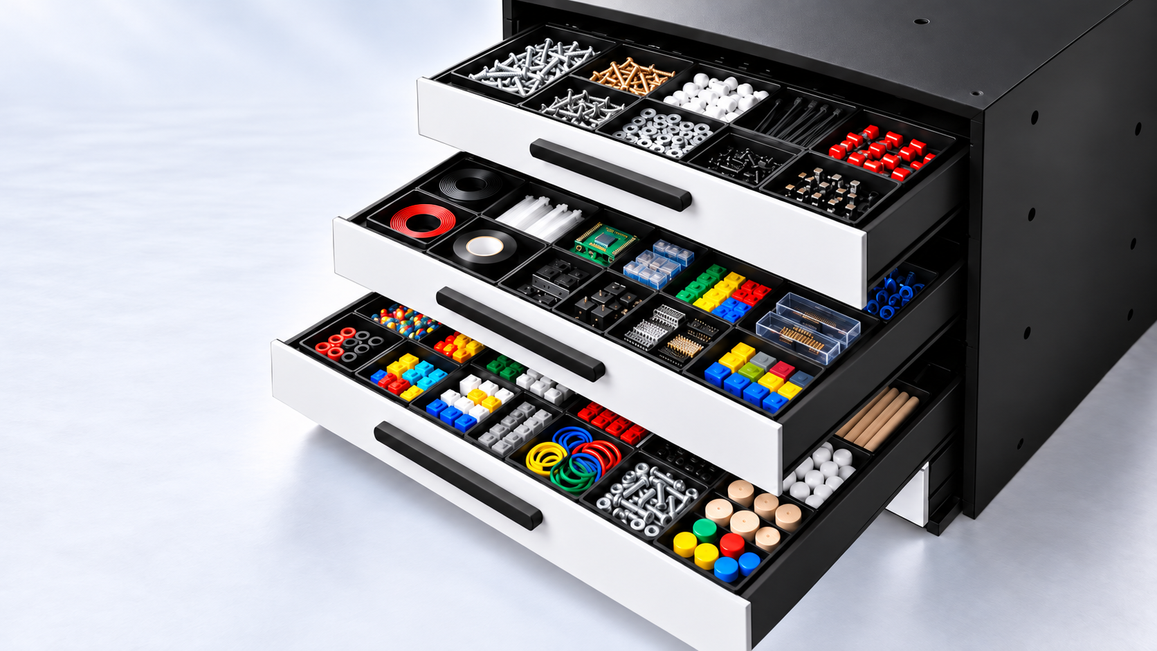 Organizer with electronic components and tools in a black and white drawer set, including screws, nuts, washers, zip ties, circuit components, and electronic connectors.