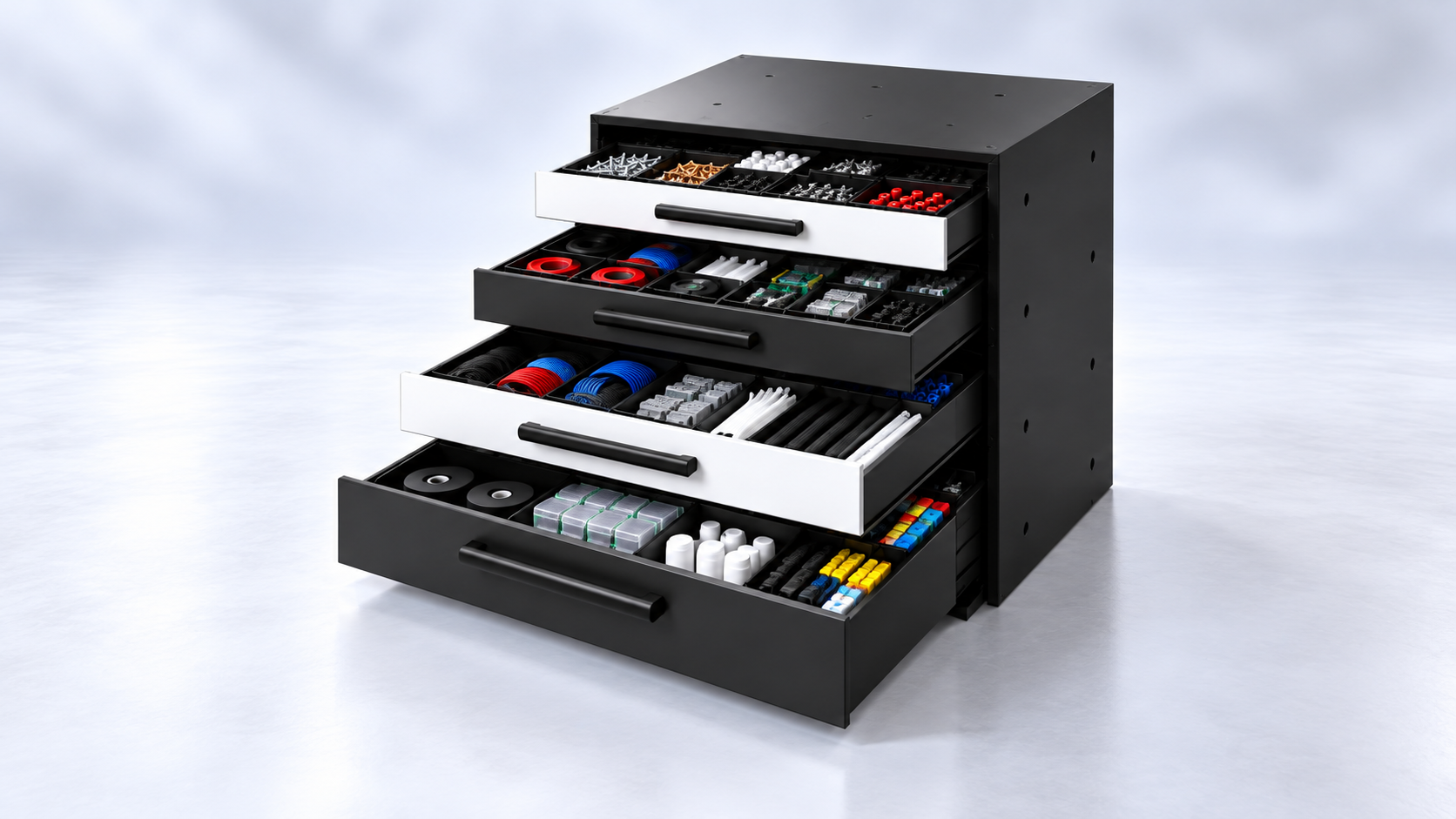 A black and white multi-drawer storage unit filled with various small hardware components such as screws, nuts, washers, cut black, white, red, and blue tubes, and other construction accessories.