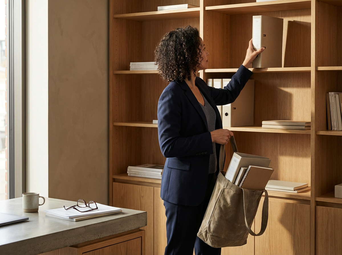 A woman in a navy blazer and gray top standing in front of a wooden bookshelf, reaching to pick up a white binder. She holds a large beige tote bag filled with books and folders. On the table nearby, there's a cup, a pair of glasses, and a notepad.