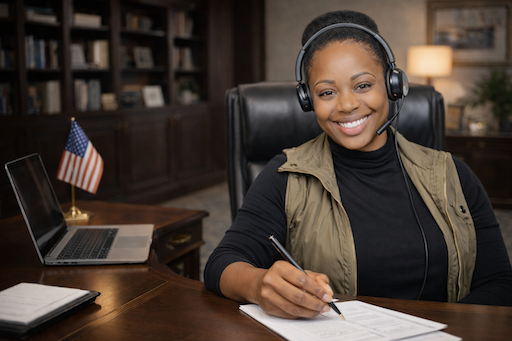 A woman wearing a headset while working at a desk with an American flag in the background.
