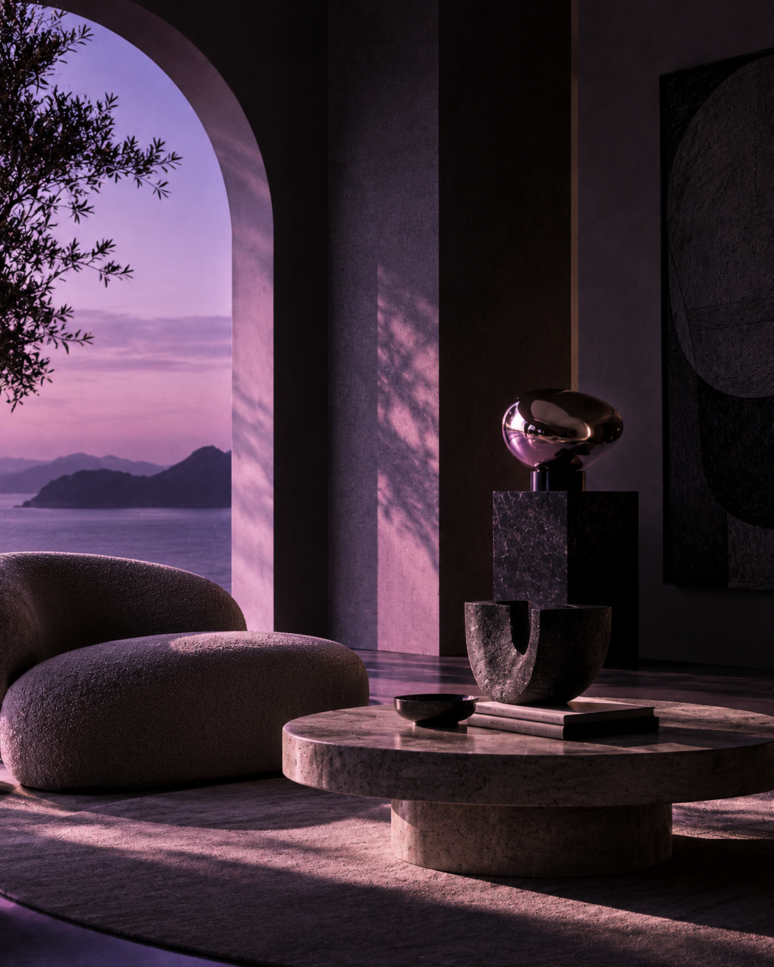 Intérieur moderne avec mobilier en marbre, une sculpture en métal poli sur un socle, un canapé rembourré, et vue sur la mer au coucher du soleil à travers une grande arche.