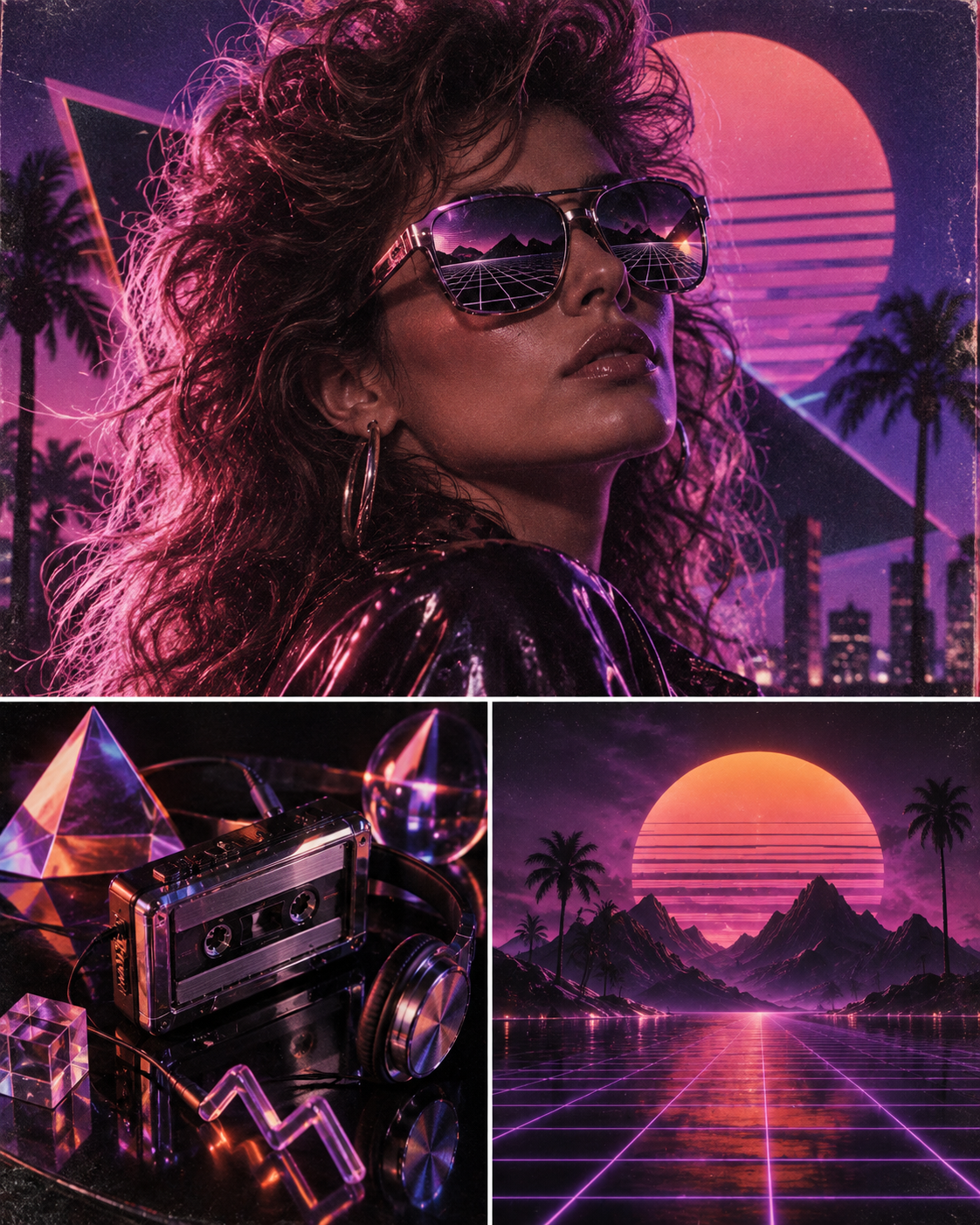 Univers visuel généré par IA pour Be More Prod : femme aux lunettes réfléchissantes, style rétro futuriste avec soleil rose, montagnes, palmiers et ciel nocturne.
