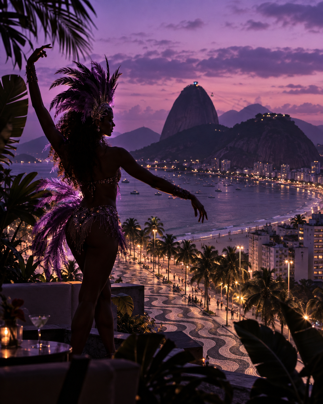 Visuel généré par IA pour Be More Prod : femme en costume de carnaval avec plumes violettes, silhouette sur fond de Rio de Janeiro au coucher du soleil, montagne Sugarloaf et mer.