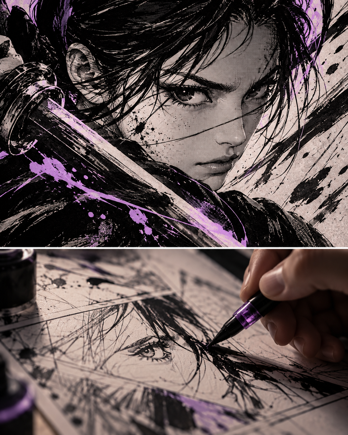 Exemple de direction artistique IA chez Be More Prod : illustration façon bande dessinée d'une femme au visage sérieux, avec en dessous son portrait détaillé dessiné à la main.