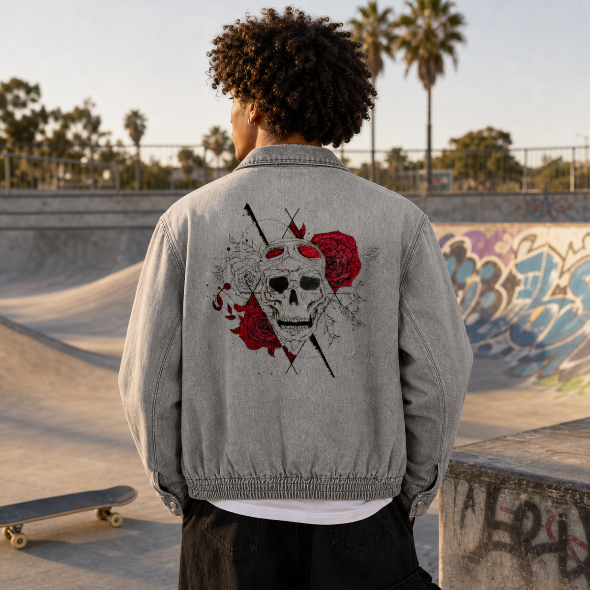 Pilot Skull Unisex Vintage Wash Full-Zip Denim Jacket