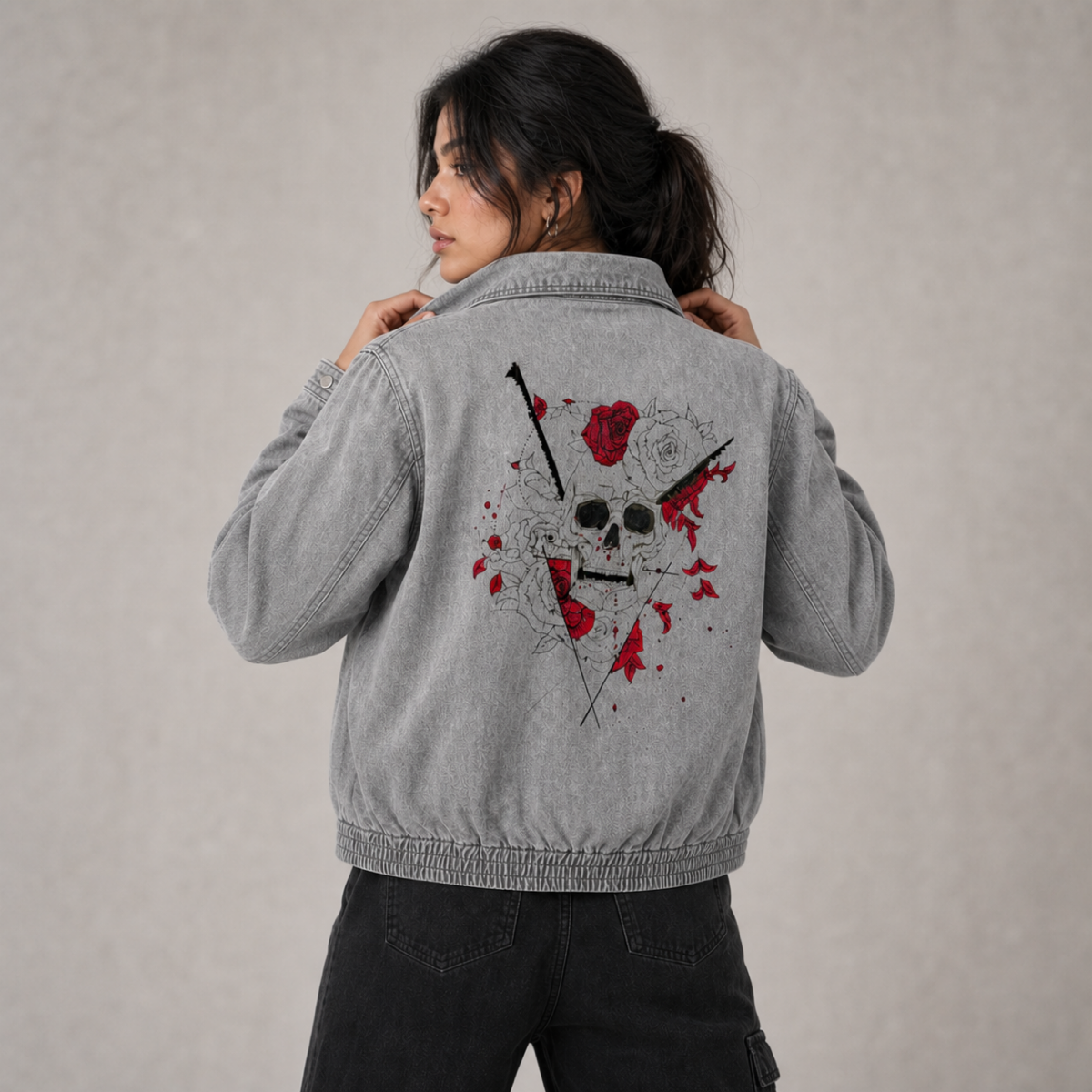 Skull And Rose Unisex Vintage Wash Full-Zip Denim Jacket