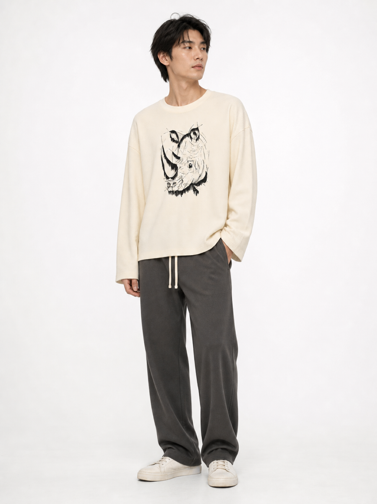 Rhino Sketch Unisex Waffle Raw Edge T-Shirt