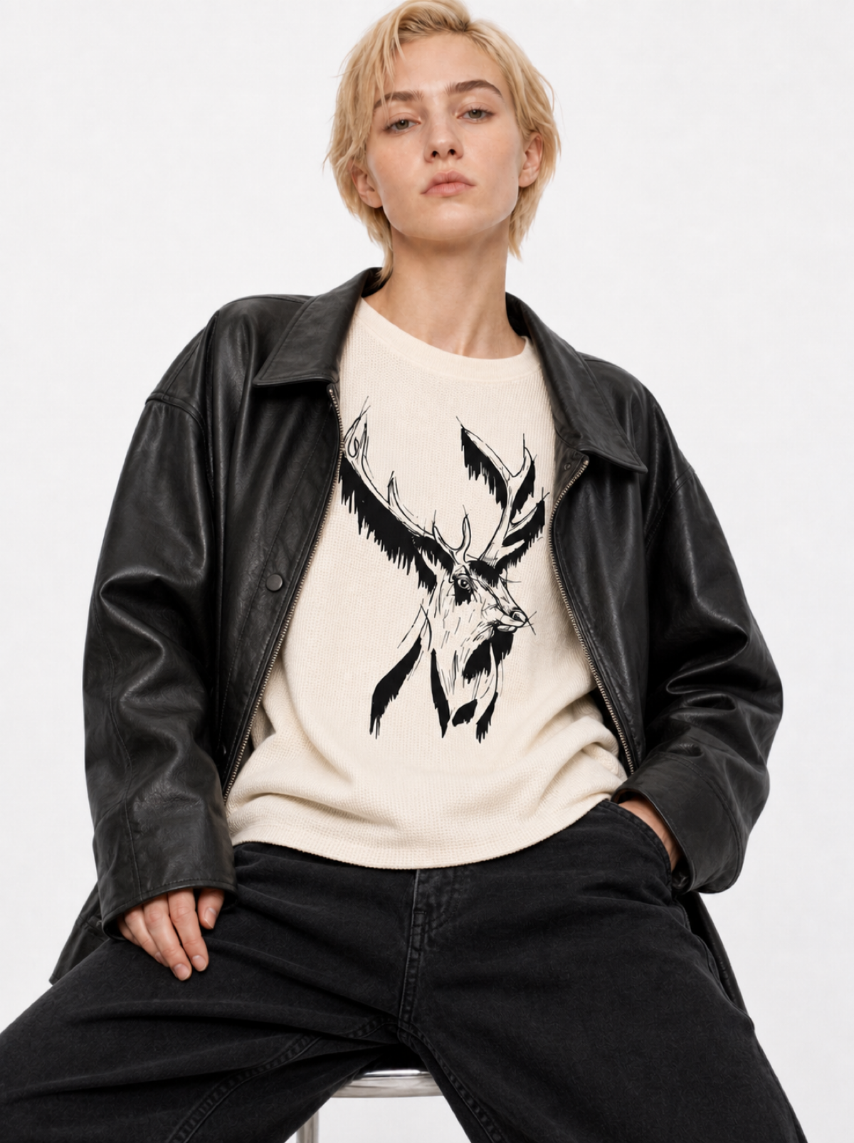 Stag Sketch Unisex Waffle Raw Edge T-Shirt