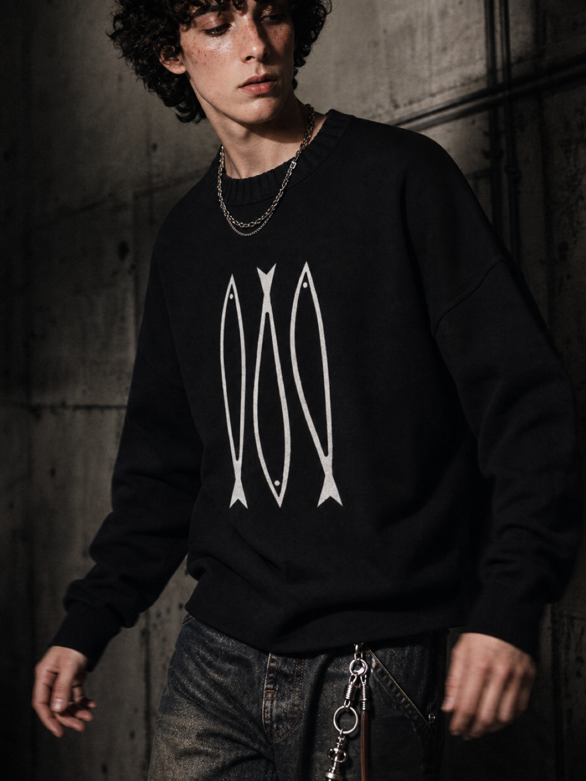Fish Graphic Knitted Round Neck Oversize Sweatshirt