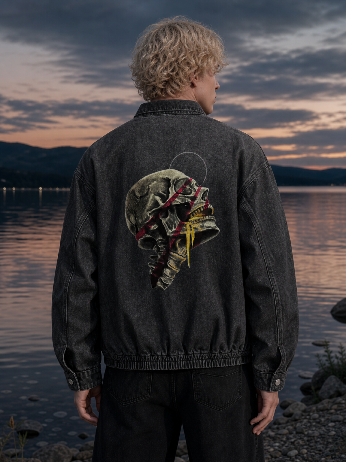 A person with curly blonde hair wearing a black denim jacket with a skull graphic on the back, standing by a lake at sunset with mountains in the background.