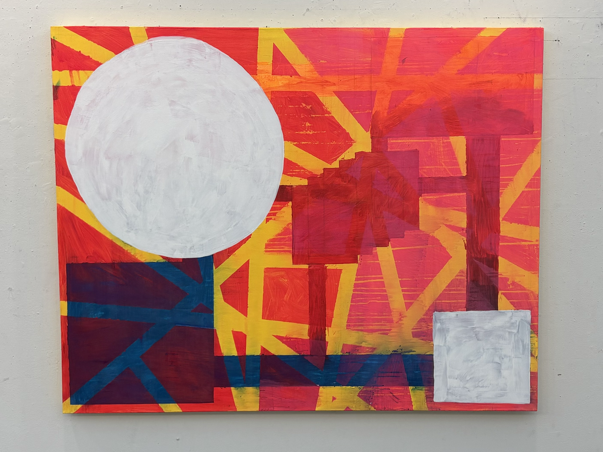 Colorful abstract painting with geometric shapes, a large white circle on the left, and a background of red, orange, yellow, blue, and purple hues with intersecting lines and rectangles.