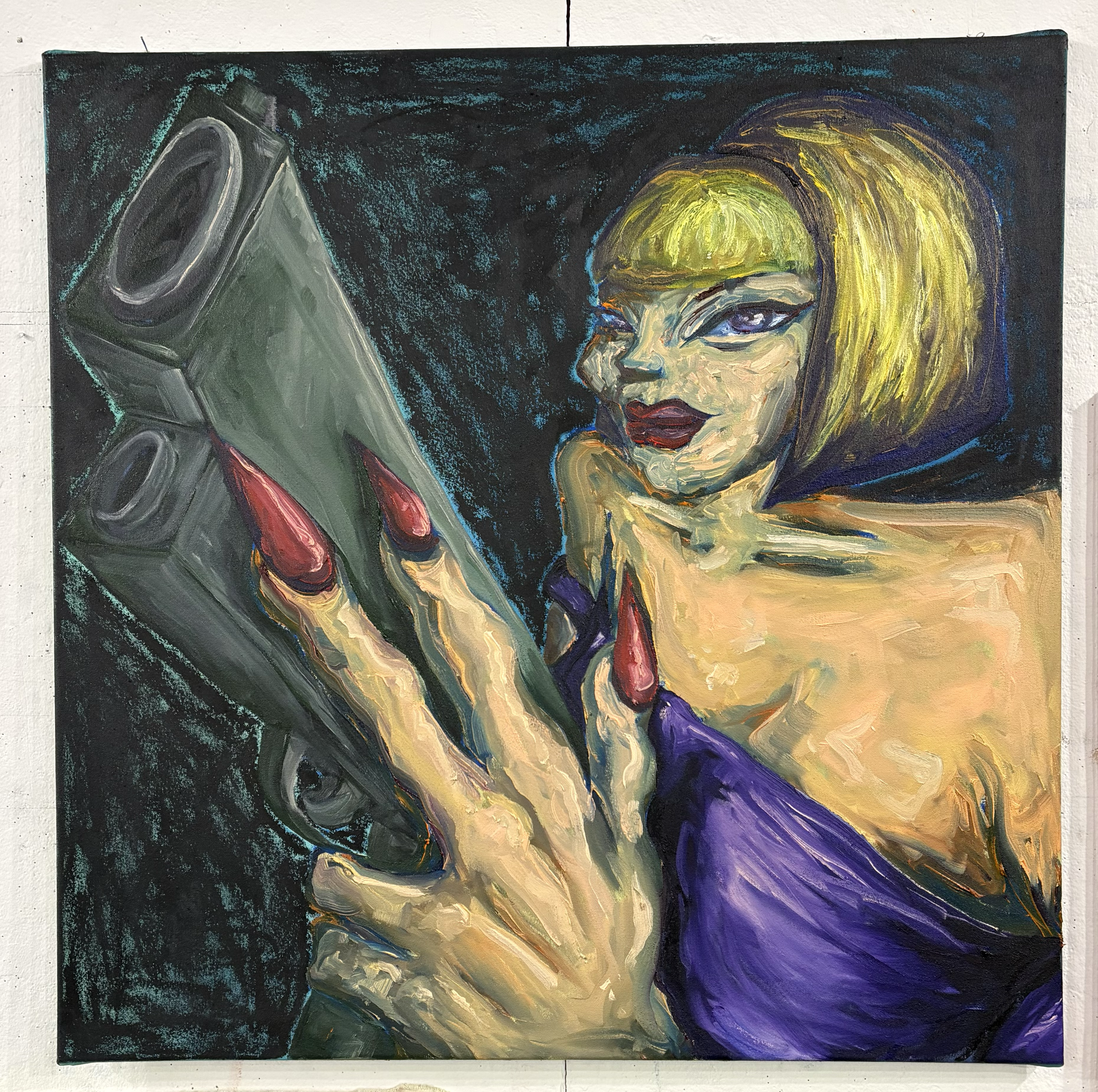 An abstract painting featuring a female face with blonde hair, dark eyes, and red lipstick. The background is predominantly black with vibrant blue and yellow accents.