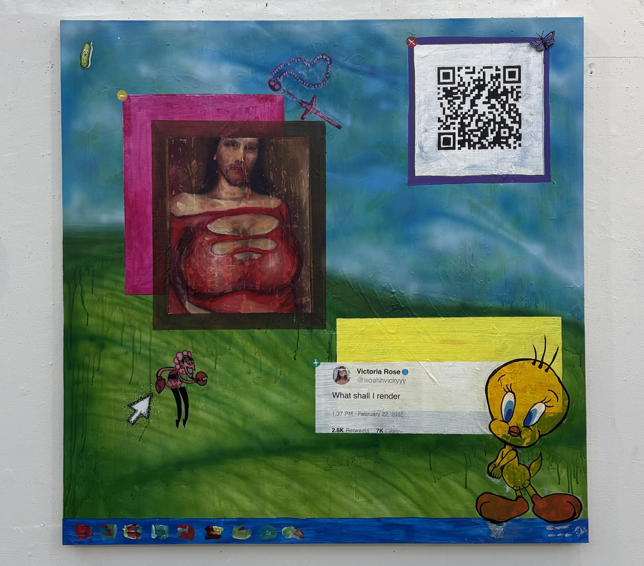 Colorful painted poster on a wall, featuring cartoon characters, a QR code, and a Twitter post from Victoria Rose asking what to render, with background scenes of green grass, a blue sky, and a water scene at the bottom.
