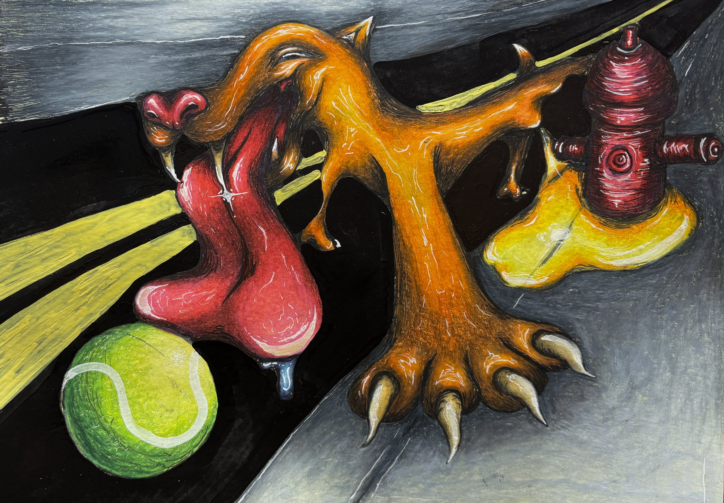 Colorful abstract painting of a dog with a red heart-shaped nose, a red tongue, and orange fur, lying next to a green lime and a set of three red candles on a dark background.