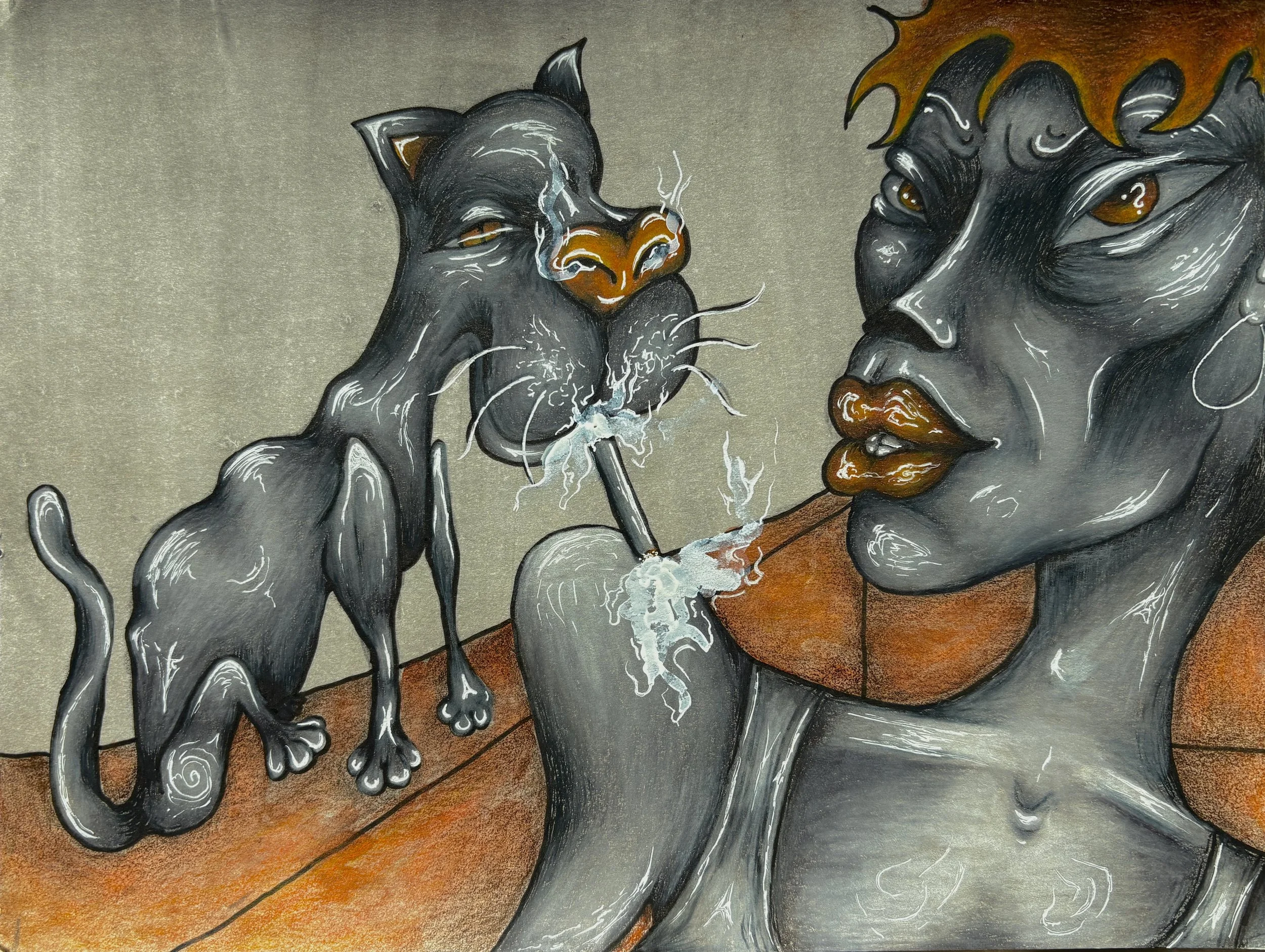A mural painting of a feline creature and a human face with dark skin, elaborate hair, and golden eyes. The feline appears to be smoking.