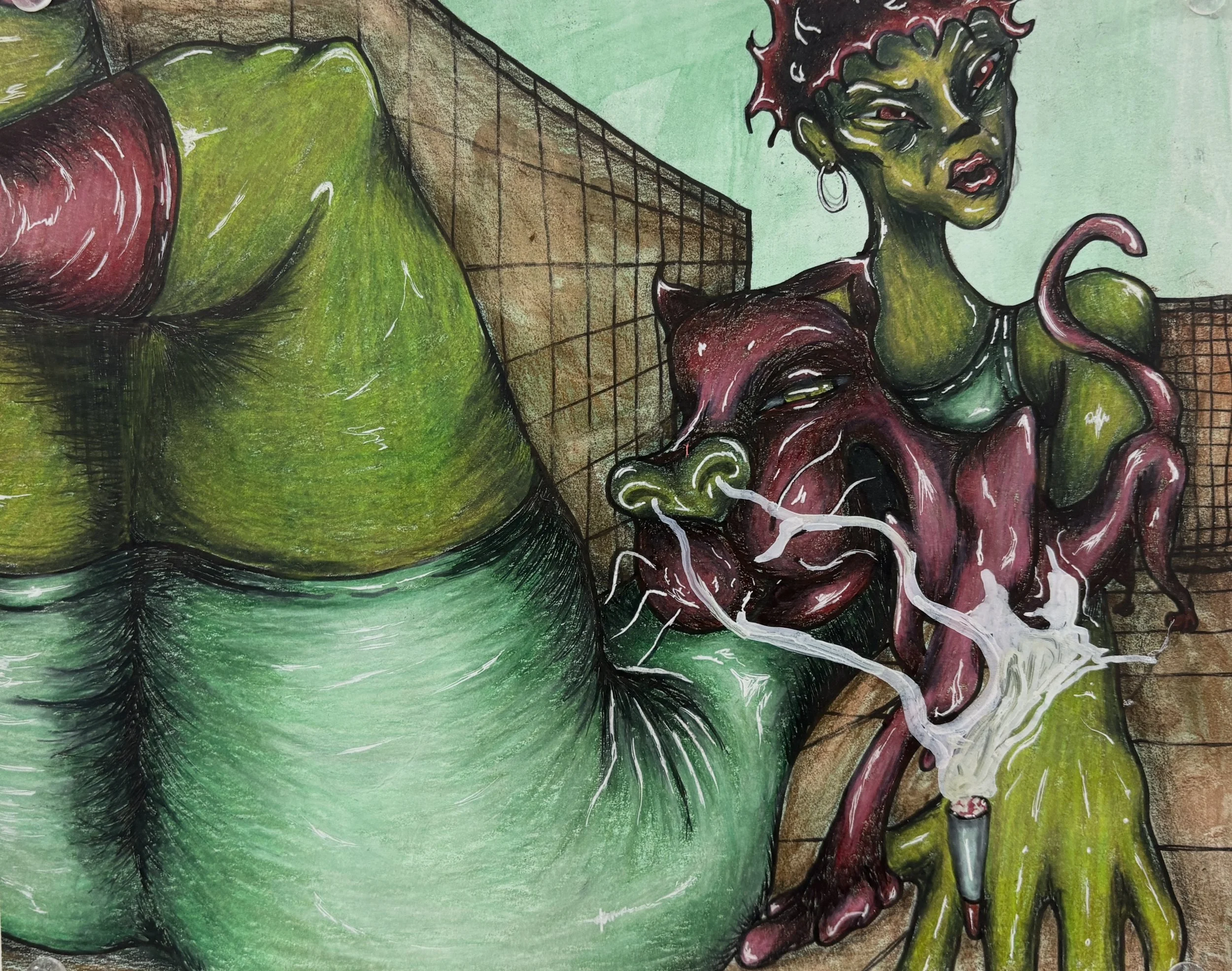 A colorful drawing of a green-skinned woman with red hair and a headpiece, sitting on a red and black creature with a long, curved tail. The background is light green with a brown grid pattern.