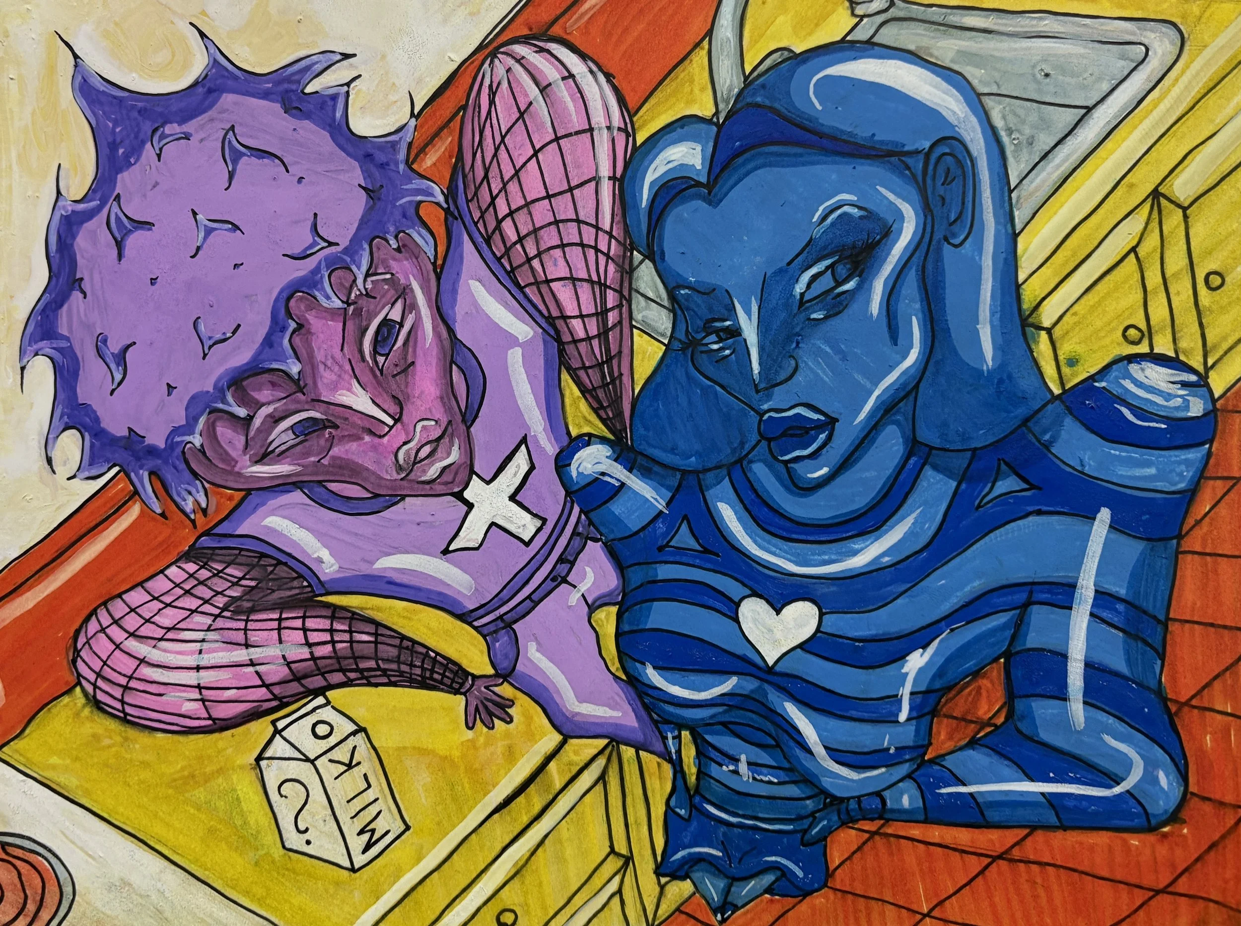 Street art mural depicting two stylized women, one purple and one blue, in a close-up, abstract style. The purple woman has her eyes closed and appears to be crying or emotional, while the blue woman is smiling gently. The background features bright 